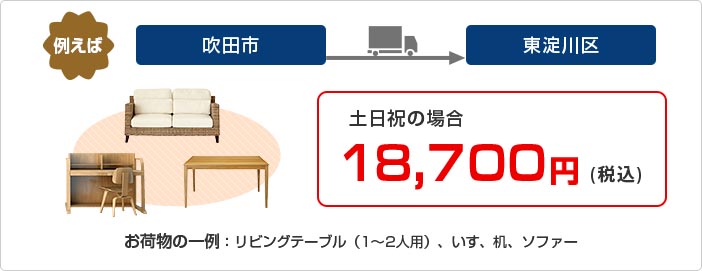 例えば　吹田市から東淀川区 土日祝18,700円(税込)