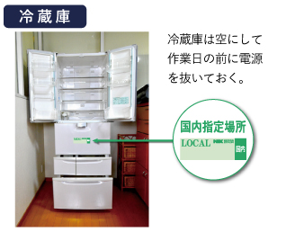 冷蔵庫。冷蔵庫は空にして作業日の前に電源を抜いておく。