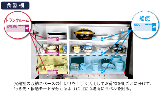 食器棚。食器棚の収納スペースの仕切りを上手く活用してお荷物を棚ごとに分けて、行き先・輸送モードが分かるように目立つ場所にラベルを貼る。